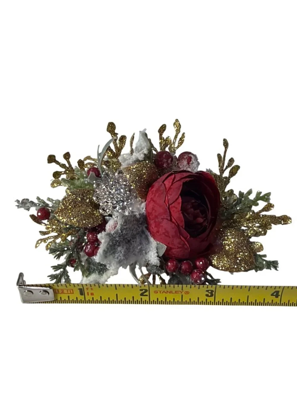Pretty Little Jettie Holiday Floral Clip Glitter Accents Red Rose Gold Leaves &